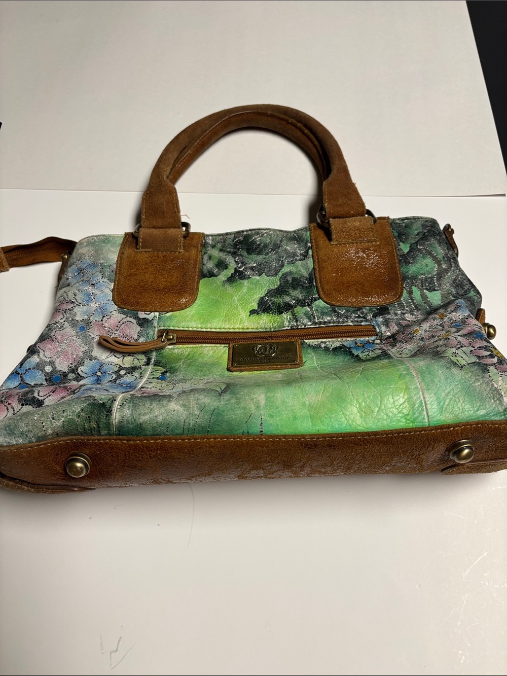 Green Floral Leather Shoulder Bag with Brown Suede Trim